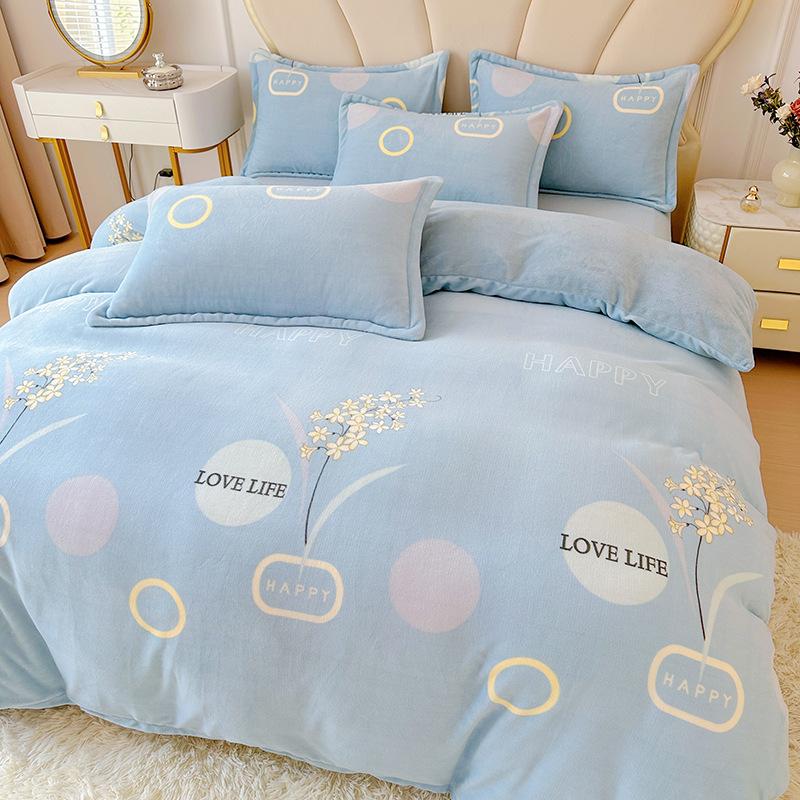 Thickened Milk Fleece Printing Four-Piece Set, Fleece Warm Coral Fleece Skin-Friendly Student Dormitory