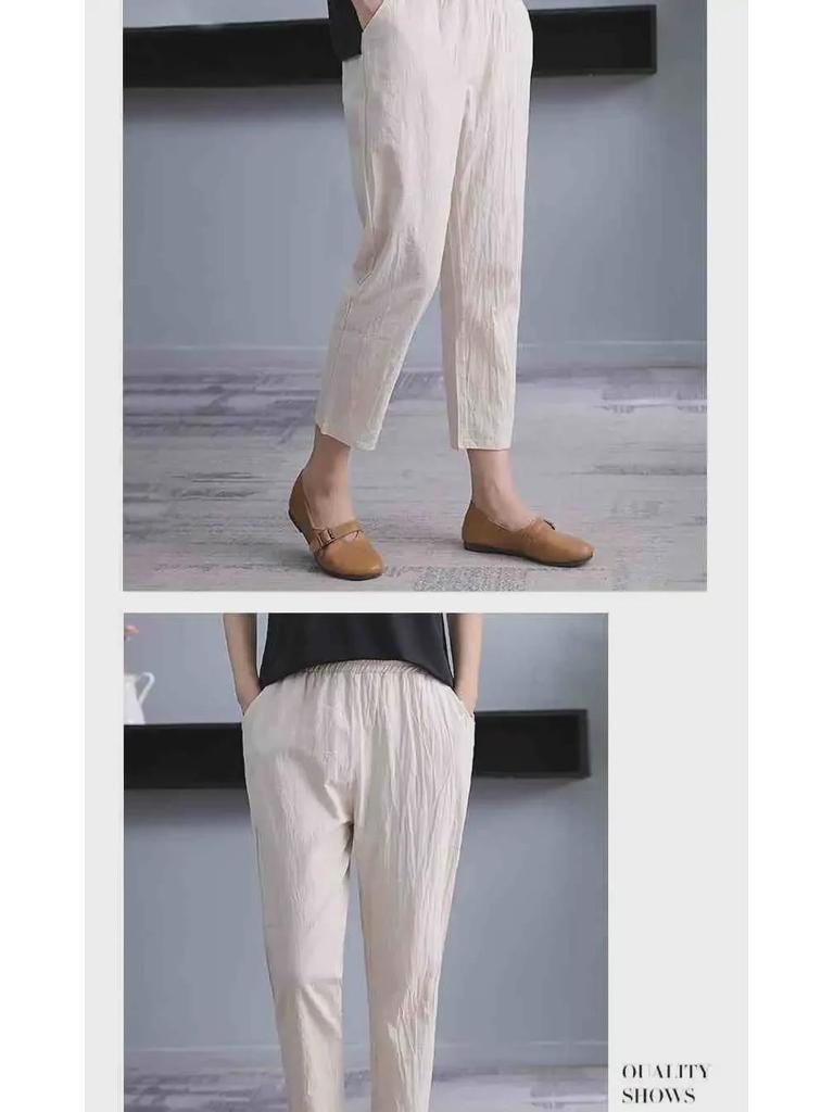 Dammode Sommar Bomull Linne Haremsbyxor - Koreansk Stil, Lös Passform, Plusstorlek, Smickrande, Raka Ben, Nio-punktslängd.