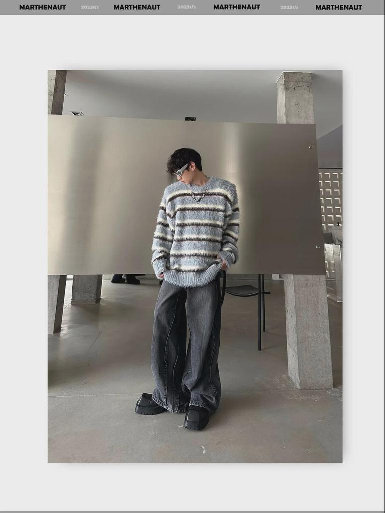 Pánský plyšový mohérový svetr s černobílým pruhem - Špičkový jednoduchý pletený design