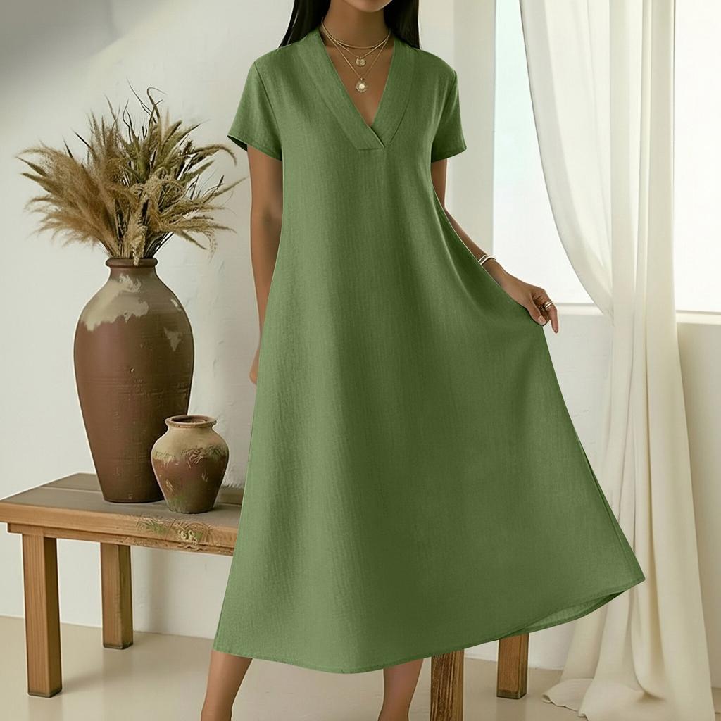 Robe décontractée pour femme à col en V, manches courtes, longueur moyenne, coupe ample, avec de grandes poches