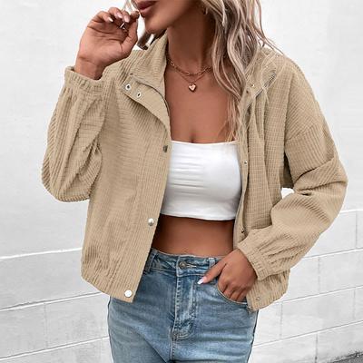 Women’s Solid Corduroy Short Jacket Coat Collared Lantern Sleeve Zipper and Button Down Loose Short Jacket Casual Fashion Simple Coat for Lady