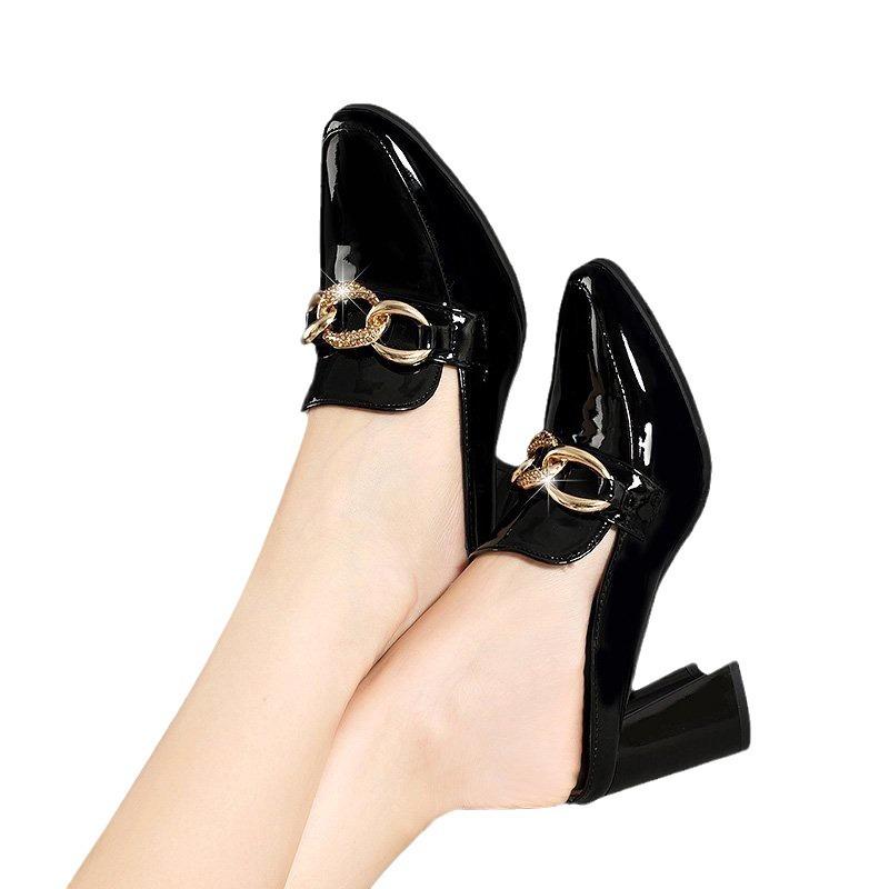 Cool Slippers Women Wear New High-heeled Half-support Single Shoes Patent Leather Muller Shoes Lazy Bag Head Half-slippers In Autumn