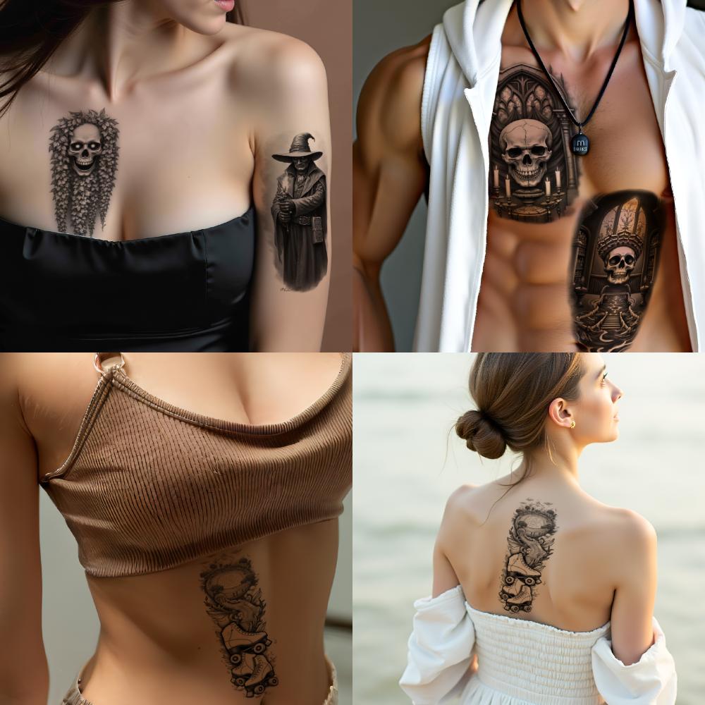 3pcs Temporary Tattoo Realistic Temporary Tattoos Dragon And Skates Skull With Ivy Wizard With Book For Adults Thighs Arms