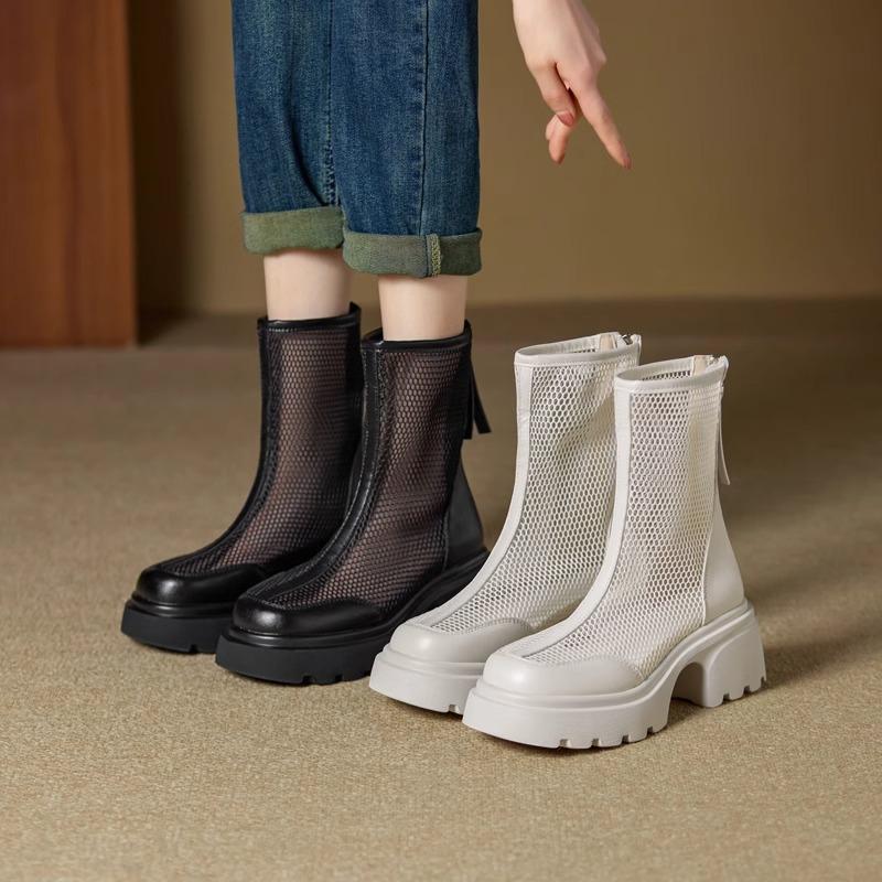 Fashion New Women's Shoes Solid Color Round Toe Thick Heel Women's Boots Fashion Mesh Breathable and Comfortable Women's Sandals
