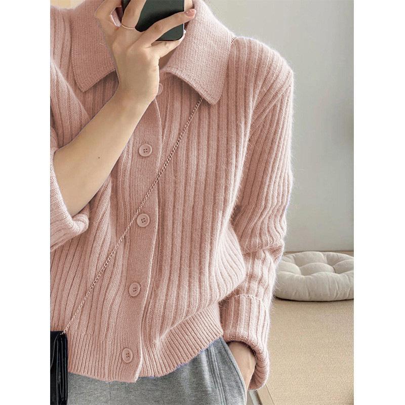 Solid Color Polo Neck Knitted Cardigan Women's Autumn and Winter New Loose Lazy Sweater Jacket Lazy Style