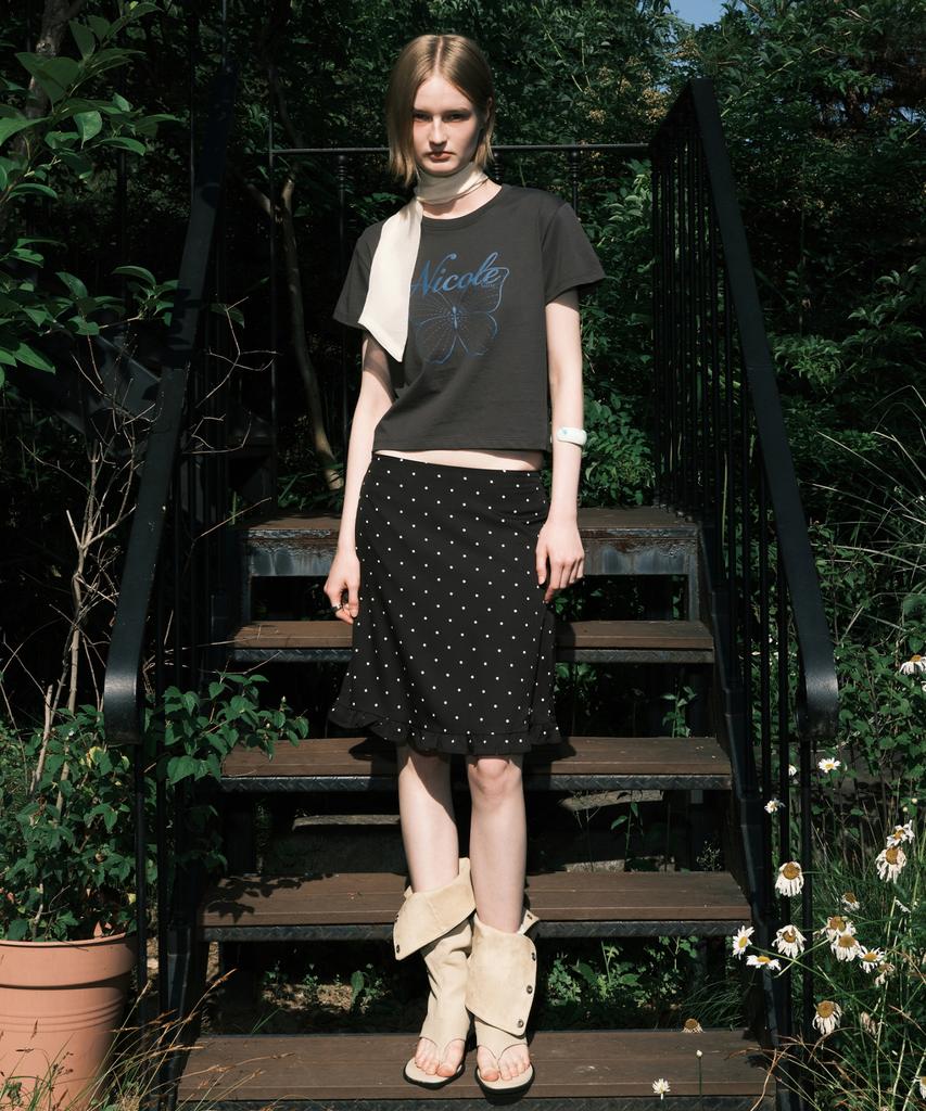 Nigaennikol Dot Ruffle Midi Skirt_Black
