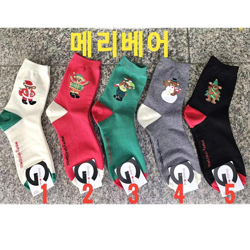 2025 Women's Korean Mid-Calf Christmas Socks: Color Block Heel Cartoon Design for Autumn/Winter Happy Party.
