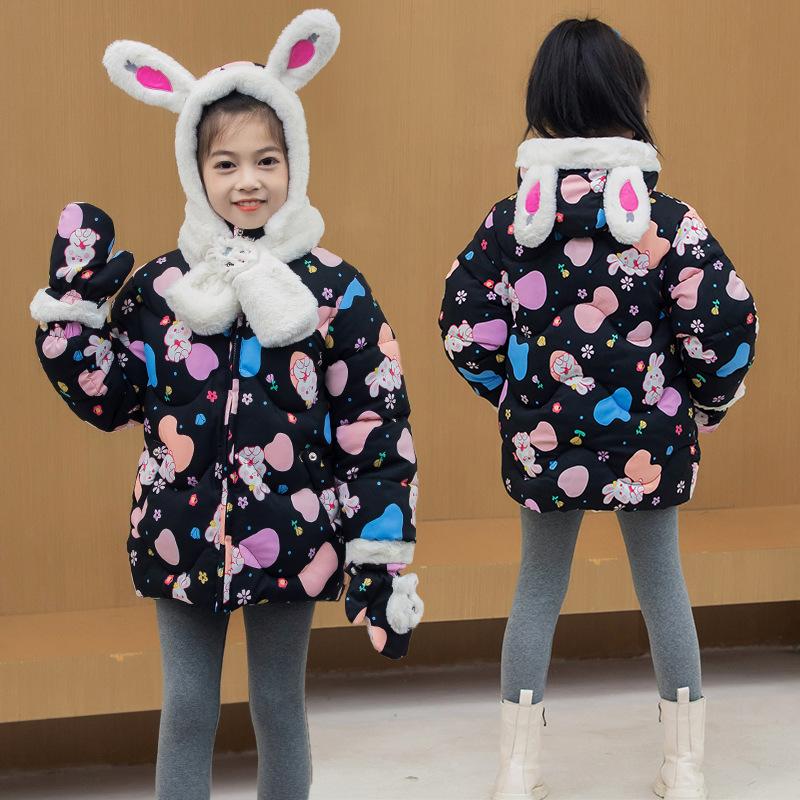 

Детская одежда для девочек, хлопковые стеганые пальто, зимние пальто, симпатичная верхняя одежда с капюшоном и перчатками, утолщенное теплое пальто