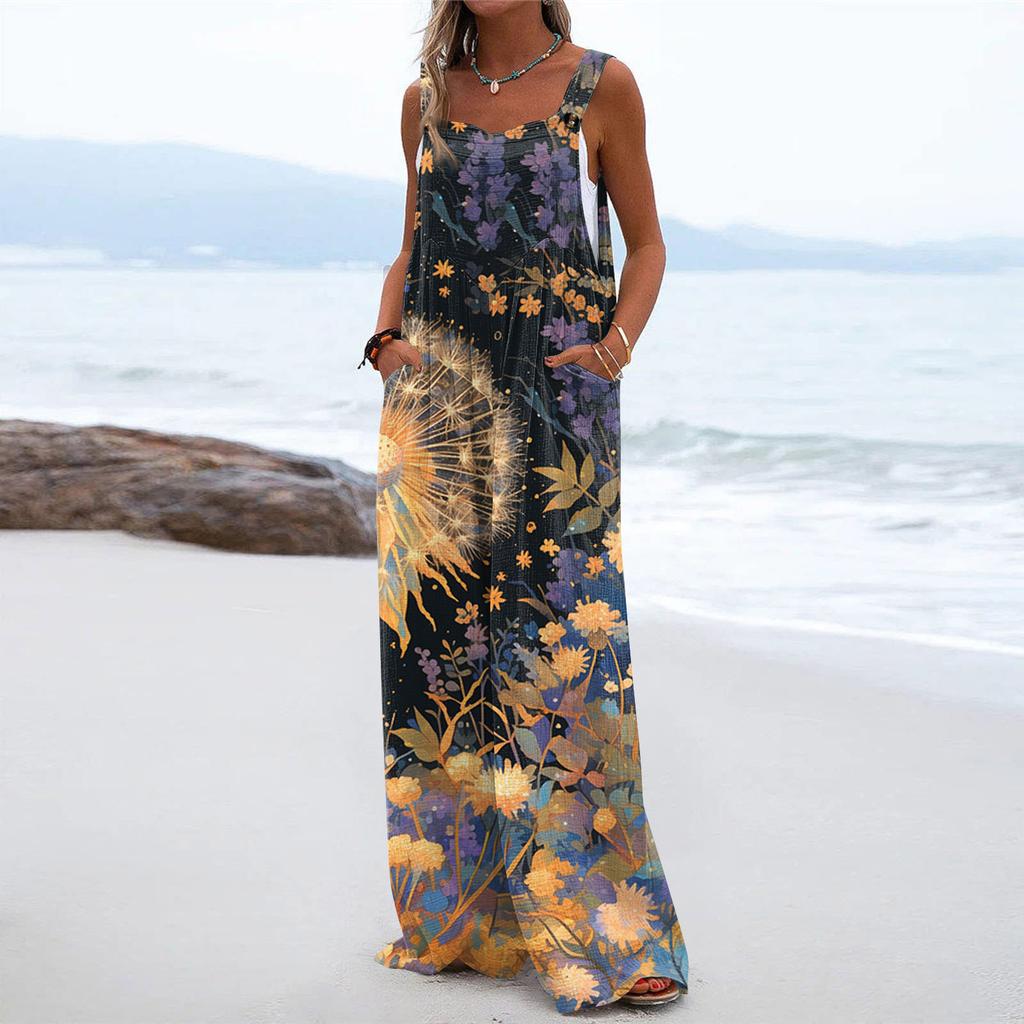 Wide Leg Overalls For Women Casual Loose Sleeveless Print Button Long Pant Romper Jumpsuit With Pockets