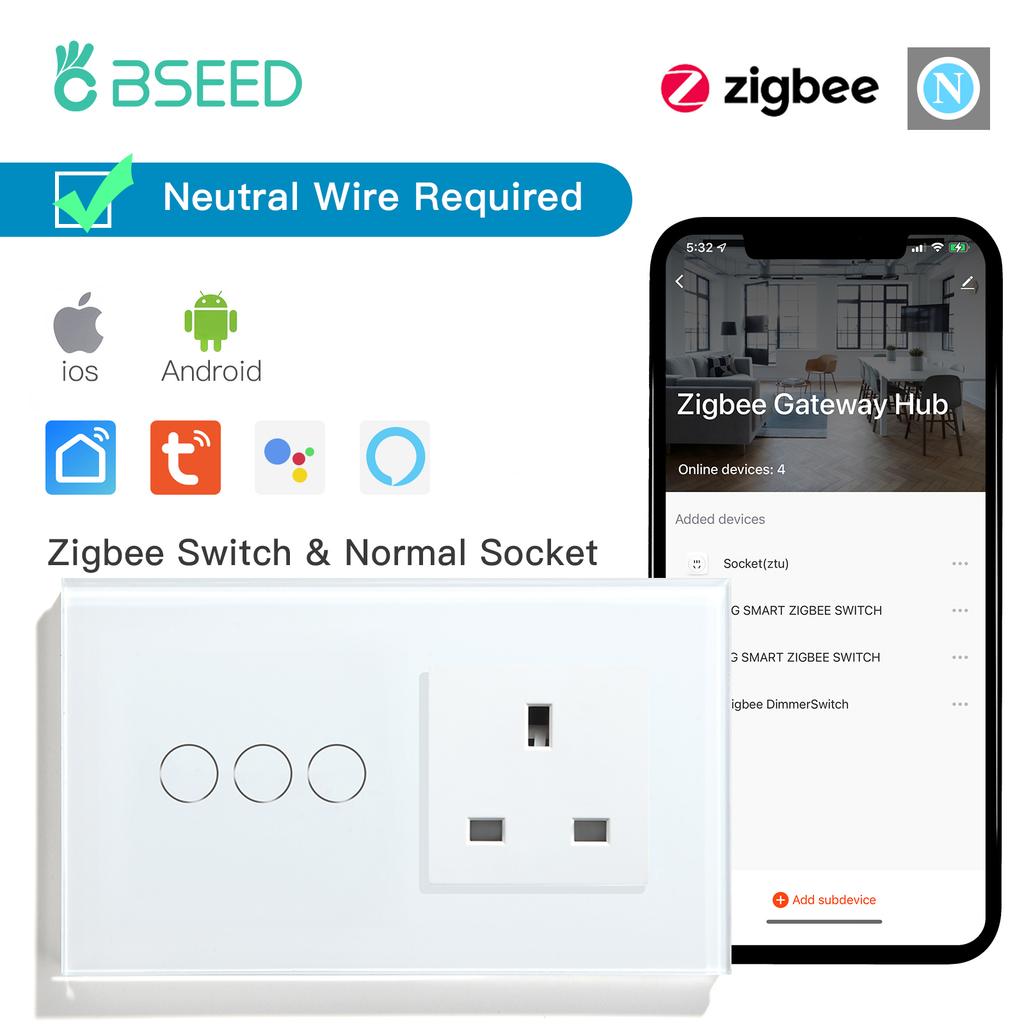 BSEED Zigbee 1/2/3Gang Touch Switches 1/2/3Way Tuya Smart Life App Control With UK Sockets Glass Panel Neutral Version White