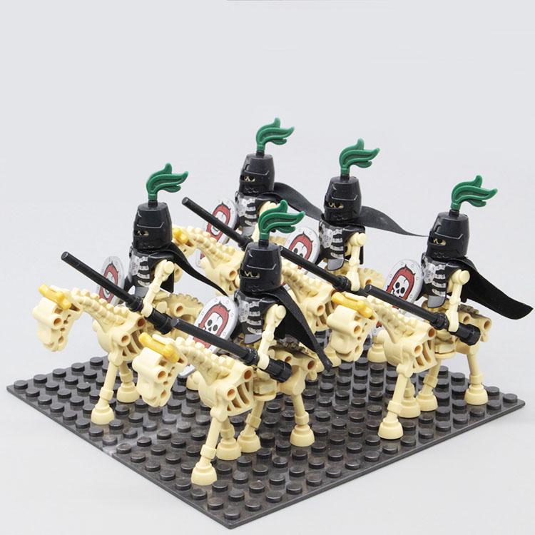 5 Set/Lot Medieval Castle Skeleton Knight & Horse With Cap Undead Army Soldier Action Figure with Weapon Shield Block Kid Toys