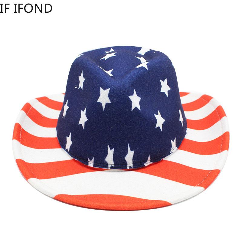 Winter Women Men Fedora Hat USA Flag Print Gentleman Western Cowboy Hat Cowgirl Felt Jazz Cap Sombrero Hombre