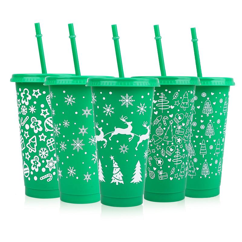 

Набор из 5 пластиковых рождественских стаканов 24 унции с крышками и соломинками, многоразовые стаканы для питья рождественского сока и кофе, подарки на Новый год 2026, Рождество Navidad зелёный