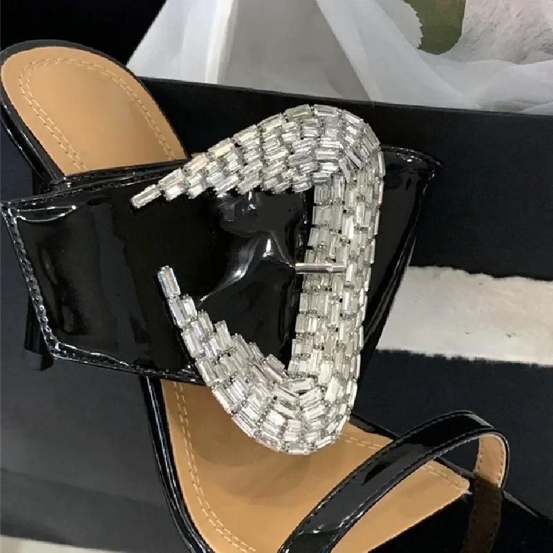 Sexy Rhinestone Buckle Pointed Toe High Heels Temperament Fine Heel One Word Belt Open Toe Sandals and Slippers for Women