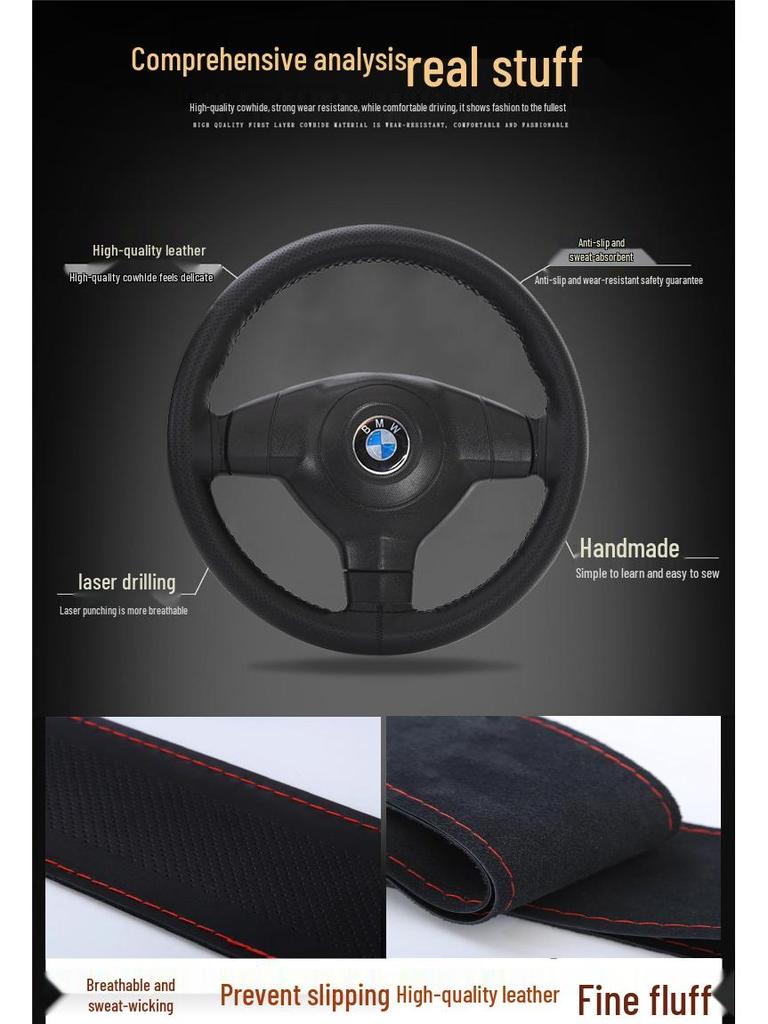 Ręcznie szyty pokrowiec na kierownicę z prawdziwej skóry bydlęcej, antypoślizgowy, oddychający, uniwersalny pasujący na każdą porę roku.