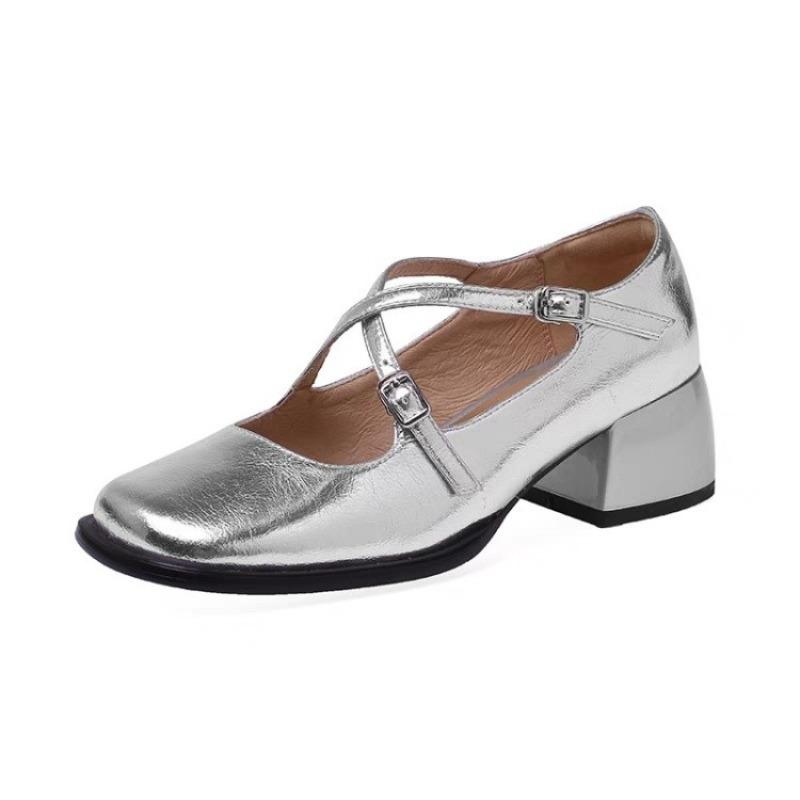 Fashion Cross Buckle Mary Jane Women Low Heel Square Toe Vintage French Shallow Single Block Heel Plus Size Women's Shoes