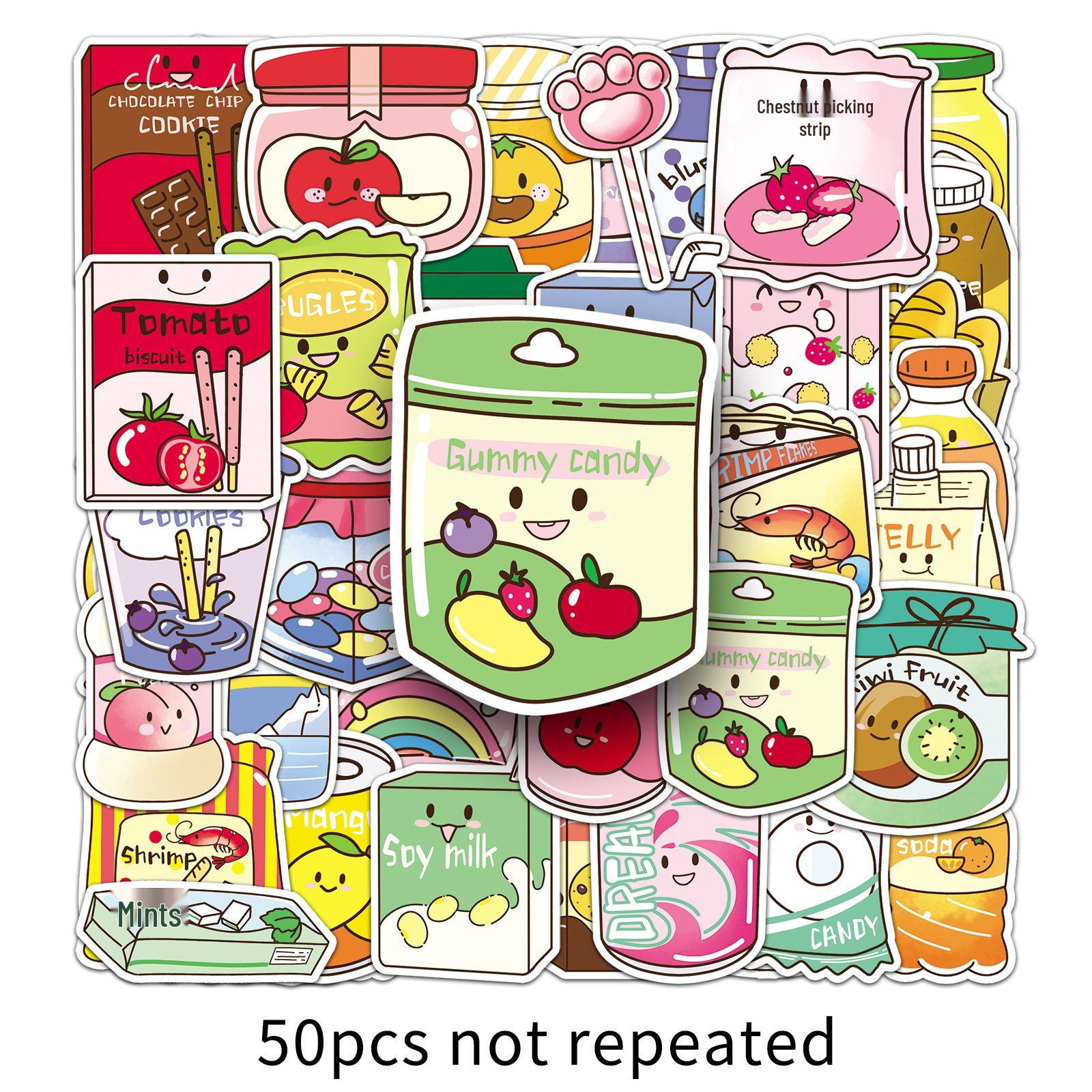 50 Original Hand-Painted Cartoon Food Stickers for Journals and Suitcases