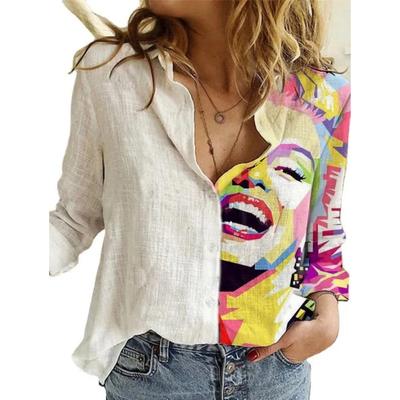 Fashion Stitching Retro Face Print Long Sleeve Blouse Women Lapel Button Casual Top Lady Shirts