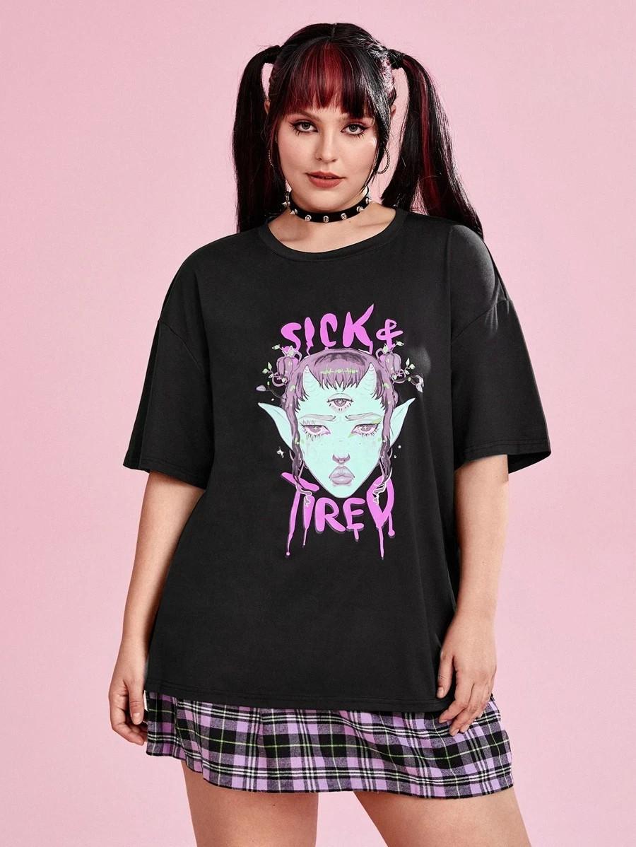 Isabela Escobar Plus Figure & Letter Graphic Drop Shoulder Tee – Trendy T-shirt XXXXL