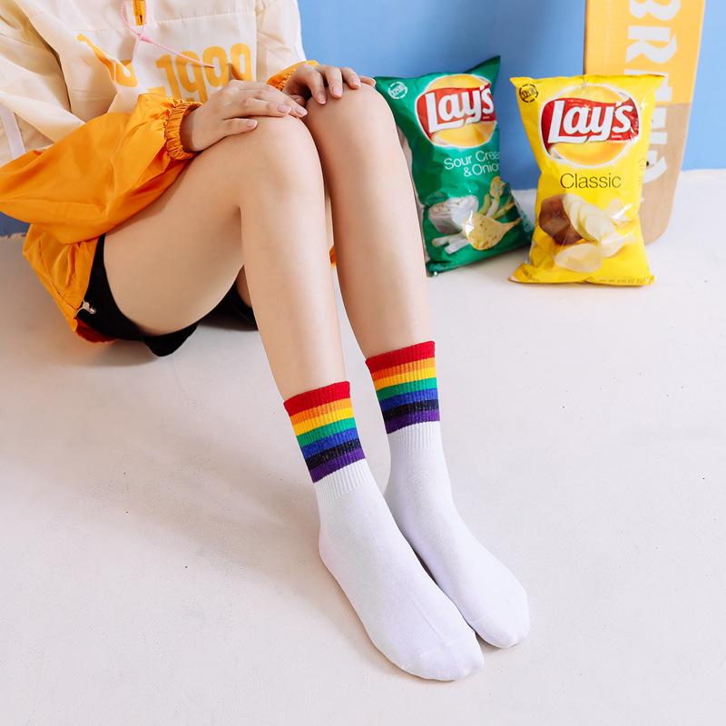 Girls' Japanese & Korean Style Rainbow Striped Mid-Calf Socks - Cute & Trendy