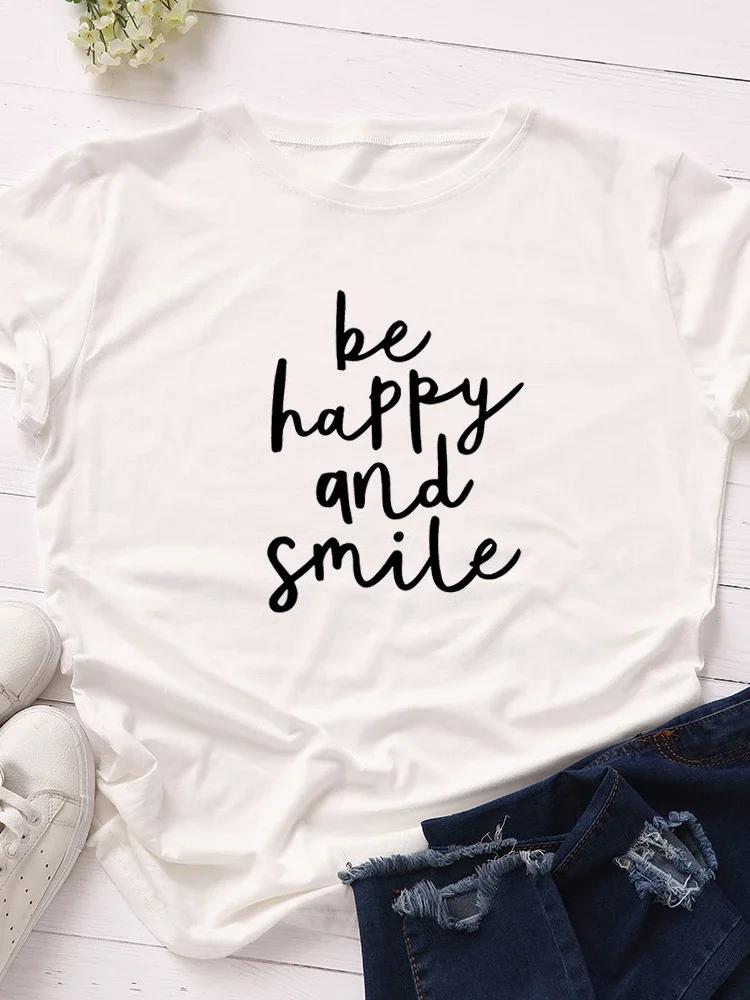 Be Happy Be Smile Letter Print Women T Shirt Short Sleeve O Neck Loose Women Tshirt Ladies Tee Shirt Tops Camisetas Mujer