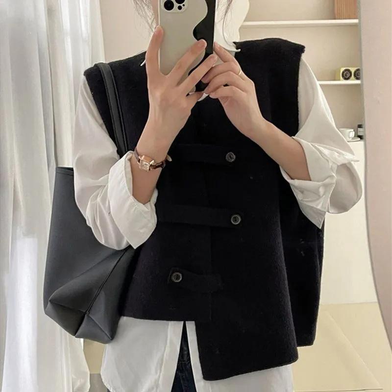 Korean Women Round Neck Waistcoat Cardigan Ladies Solid Color Vest Outwear Autumn Winter Female Irregular Sleeveless Coat