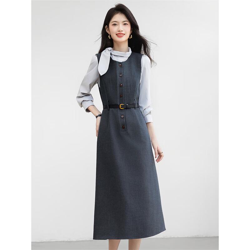 Elegant Bow-Neck Shirt & Suspenders Skirt Set