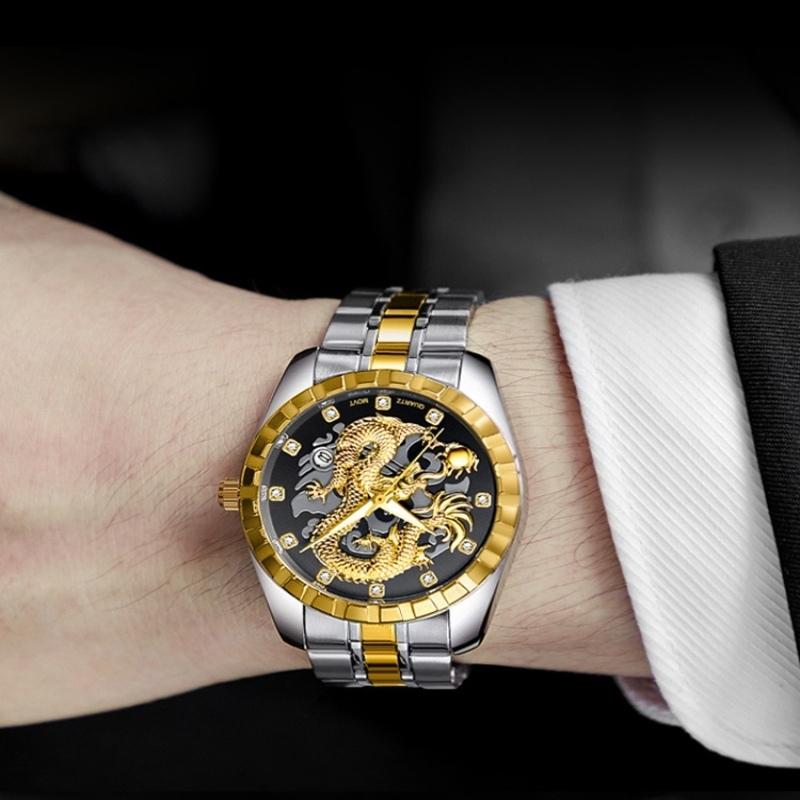 WLISTH Módní zlaté hodinky s drakem Pánské Luxusní Nerezová ocel Business Casual Křemenné Náramkové hodinky Datum Pánské Náramkové hodinky