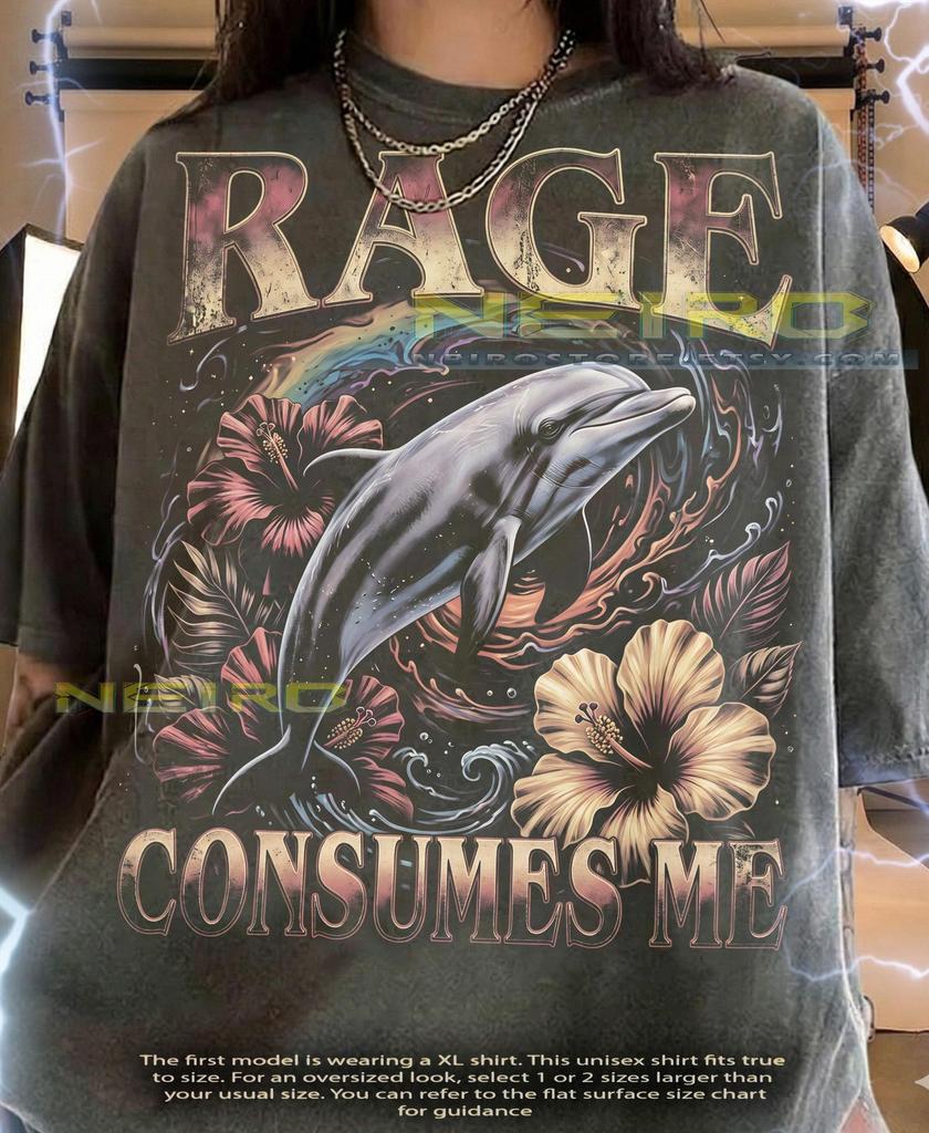 Rage Consumes Me Dolphin Ironic Meme Vintage Bootleg Comfort Colors® Tshirt, Hibiscus Flower Ocean Wildlife Marine Animal Retro Sea Life Tee