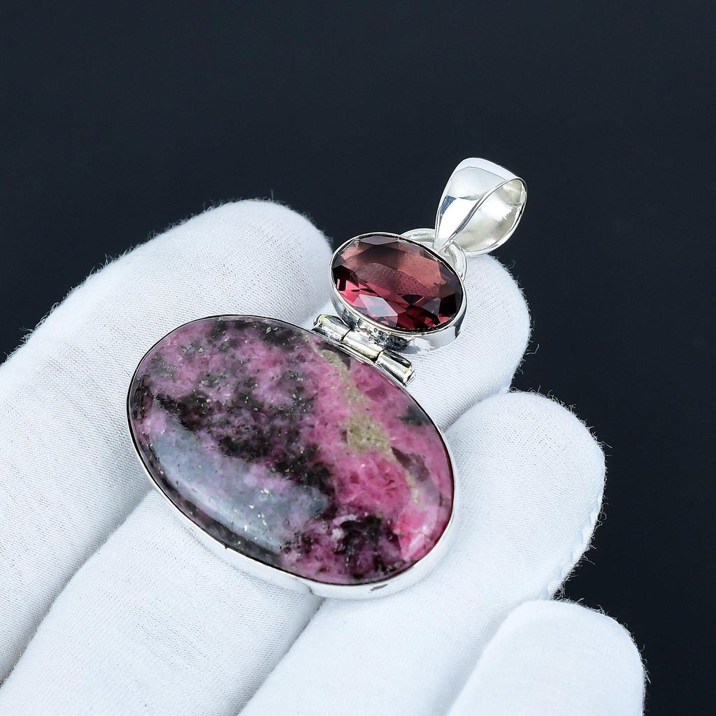 Rhodonite & Rubellite Gemstone Pendant, 925 Sterling Silver Jewelry, Silver Pendant, Unique Jewelry, Necklace Pendant Gift For Bestfriend