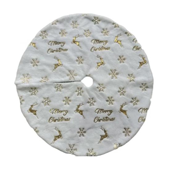 30"/36"/48" Faux Fur Christmas Tree Skirt Plush Snow White Tree Skirt with Golden Sequin Snowflake Reindeer for New Year Holiday Party Decoration