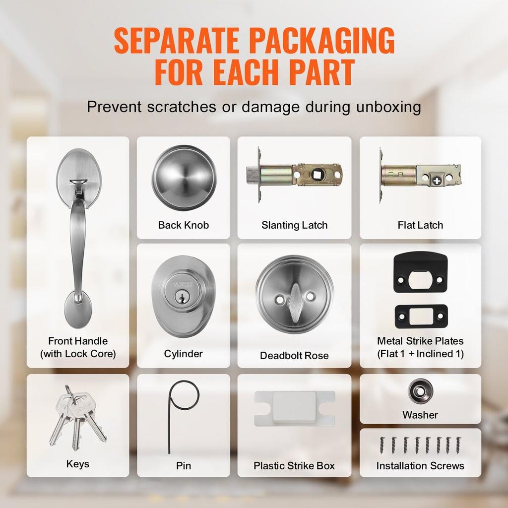 Front Door Handle and Deadbolt Set, Satin Nickel Front Door Lock Set with Interior Knob, Adjustable Hole Spacing Single Cylinder Handleset, for Right