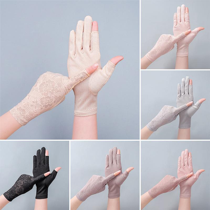 1Pair Lace Non-slip Driving Sunscreen Wave Point Breathable Gloves Outdoor Touch Screen Anti UV Nylon