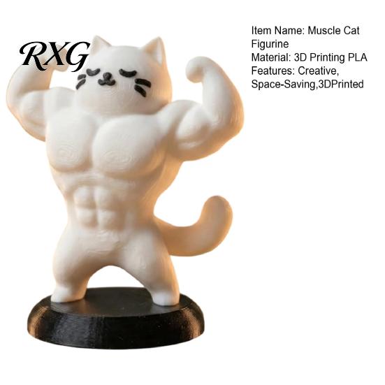 Novelty Gift for Cat Lovers 3D Printed Muscle Figurine, Funny Strong Animal Desk Ornament Home Office, Creative Sculpture with Base, Unique