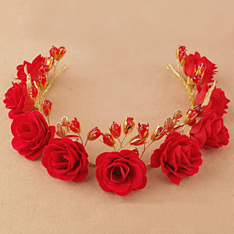 Red Flower Bridal Tiara Hairband Gold Color Crystal Pearl Headband Women Headpiece Wedding Crown Bride Hair Jewelry Accessories