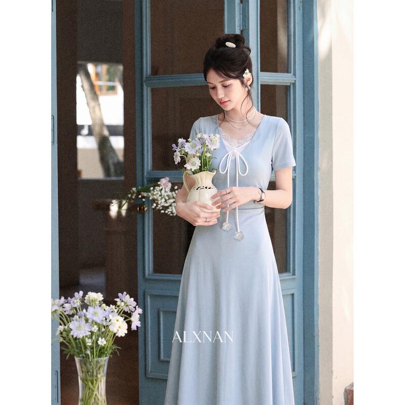 Women s French Style Blue Faux Two-Piece Long Dress S