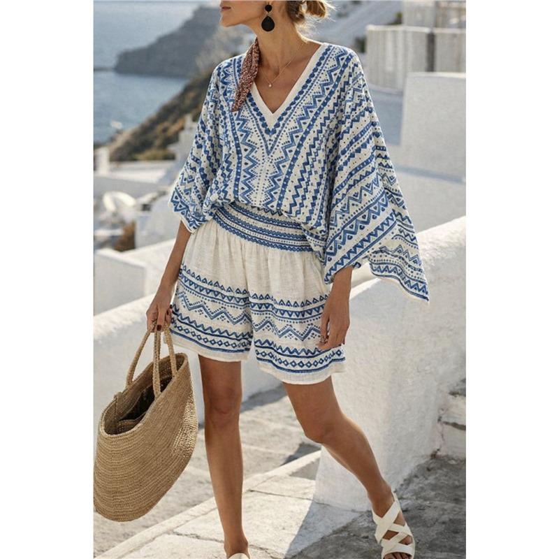 16 European and American summer printed beach blouse vacation casual bikini beach bat sleeve set