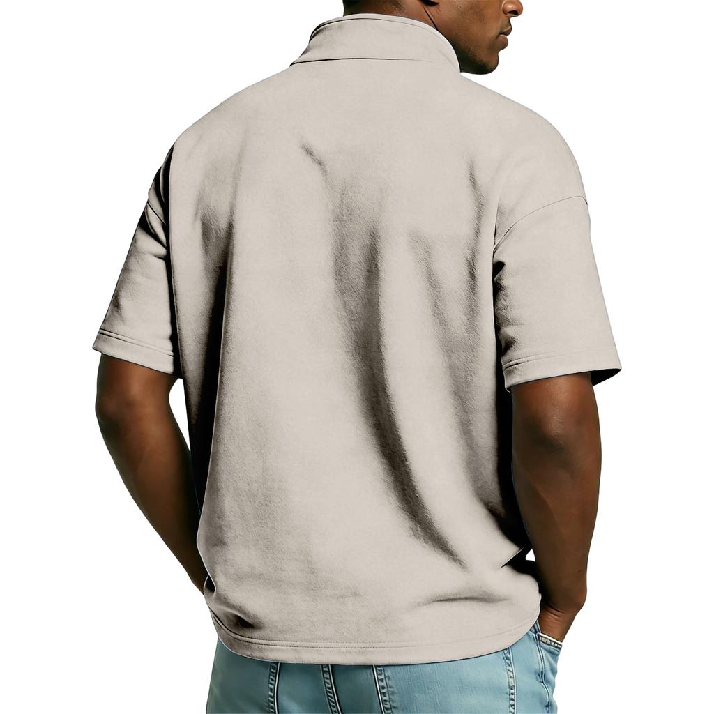 Men’s Short Sleeve Polo Shirt with Half Zip Collar USA Letter Print and Flag Embroidery Casual Fit Top
