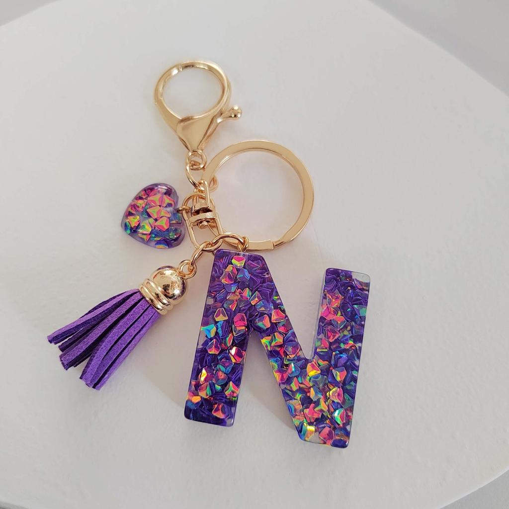 Candy Color Sequin Letter Keychain with Iridescent Heart and Tassel Charm
