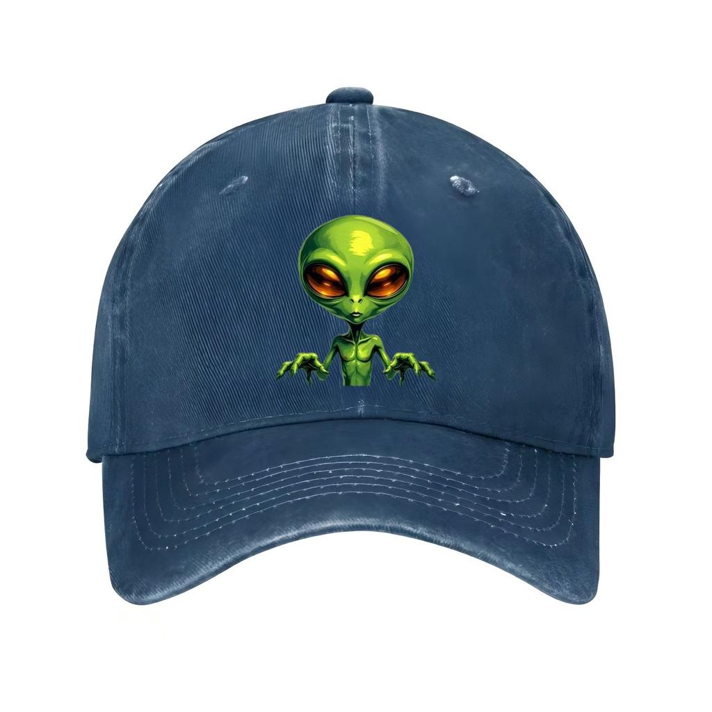 Green Alien Head Print Baseball Cap Unisex Cotton Adjustable Casual Outer Space Theme Hat