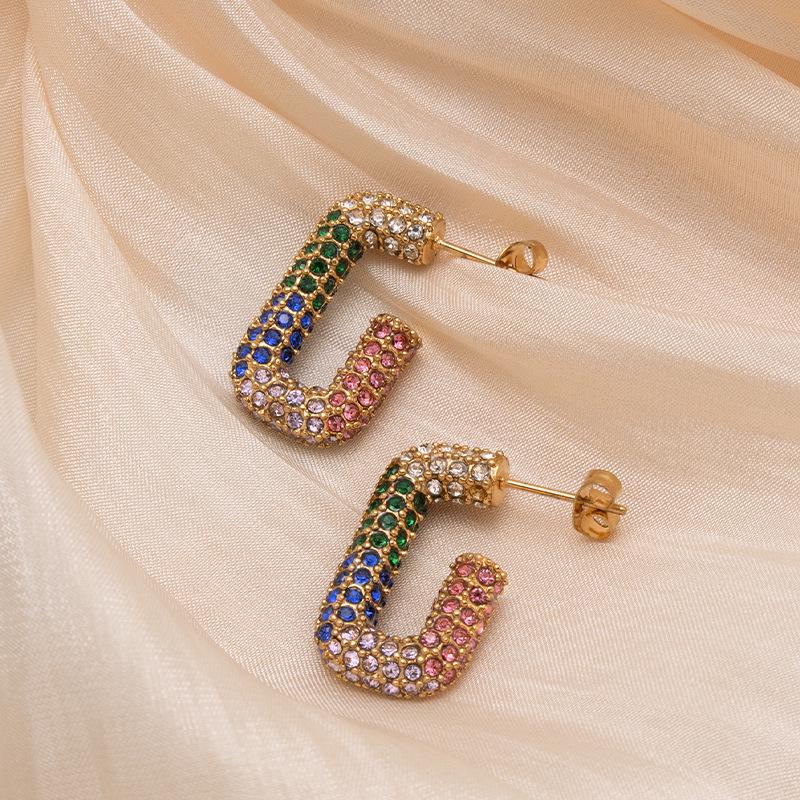 

European & American Retro 18K Gold Plated Earrings with Colored Diamonds 18K Gold