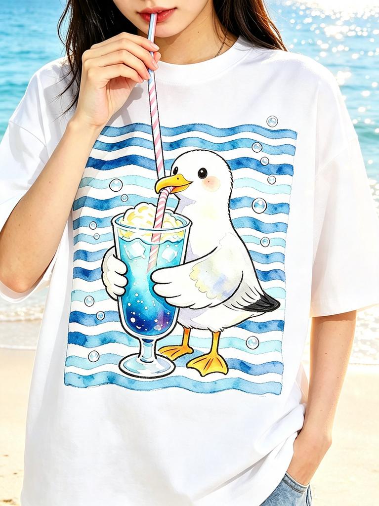 Blue Wave Stripe Seagull Soda Drink Pattern Unisex Oversized TShirt Cotton Casual Summer Short Sleeve Tee Y2K Beach Streetwear