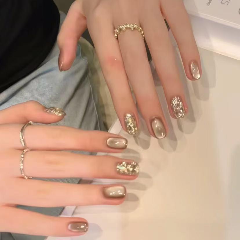 Champagne Diamond Sparkle Cat Eye Glass Beads: Versatile Handmade Nails for Autumn/Winter Standard Model