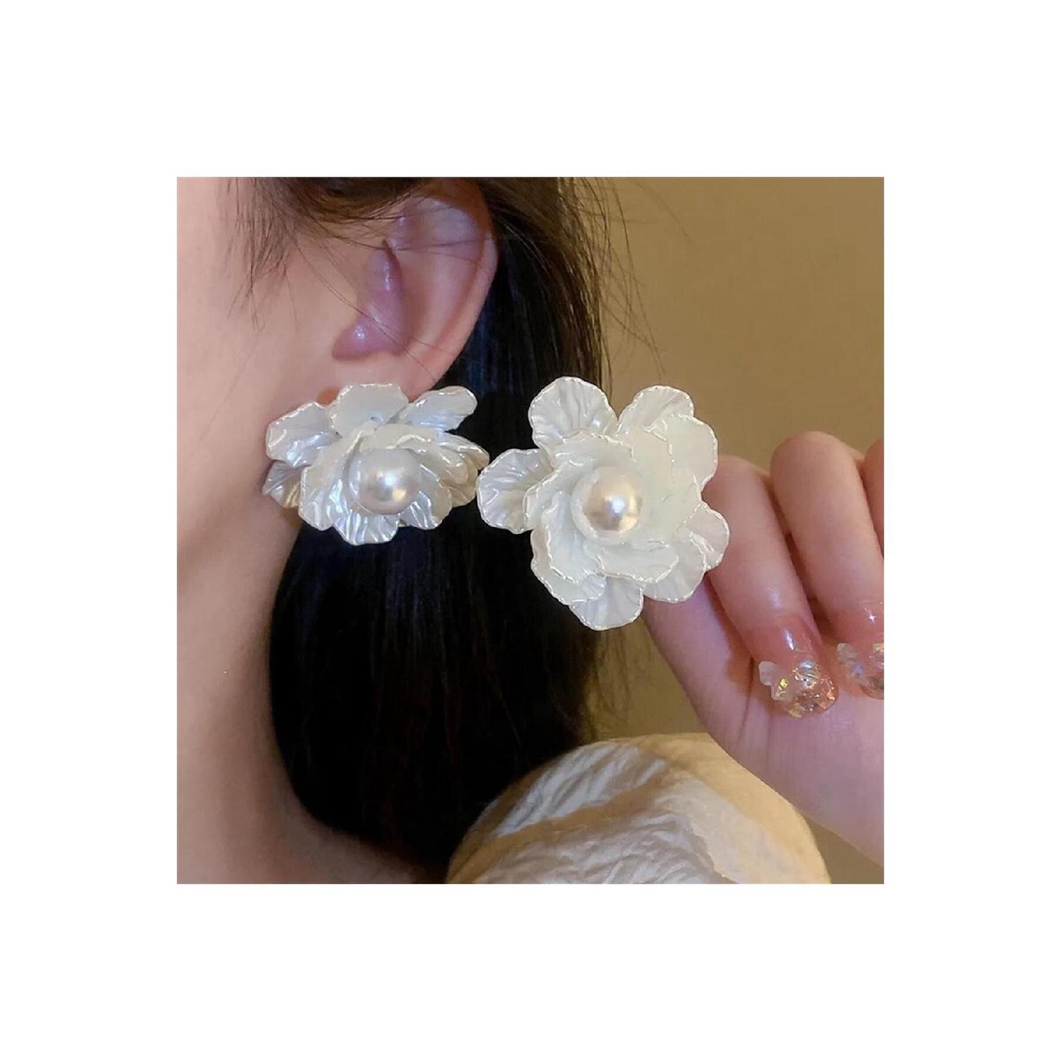 

White Pink Pearlescent Embroidered Flower Earrings