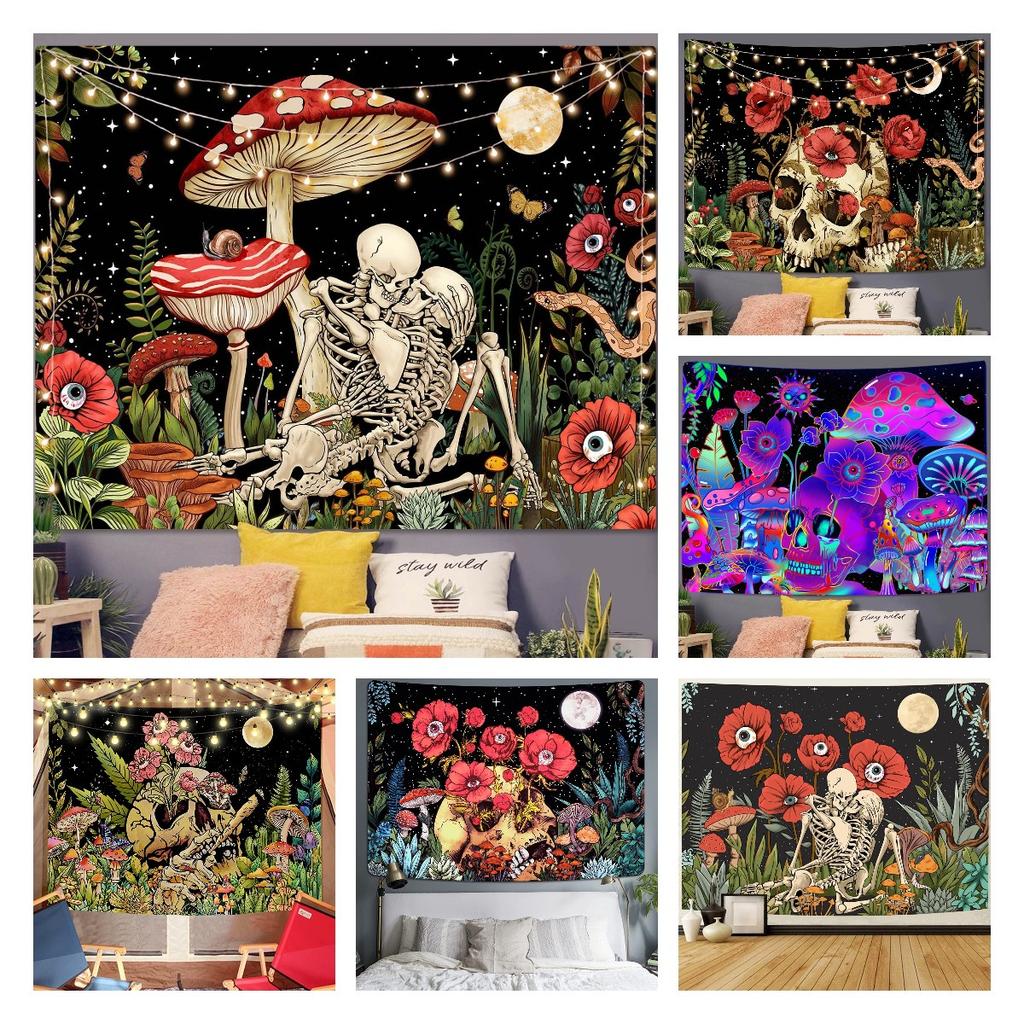 Skull Floral Tapestry Wall Haning Trippy Art Mushroom Skeleton Gothic Home Decor Garden Aesthetic Tapestries For Bedroom Blanket