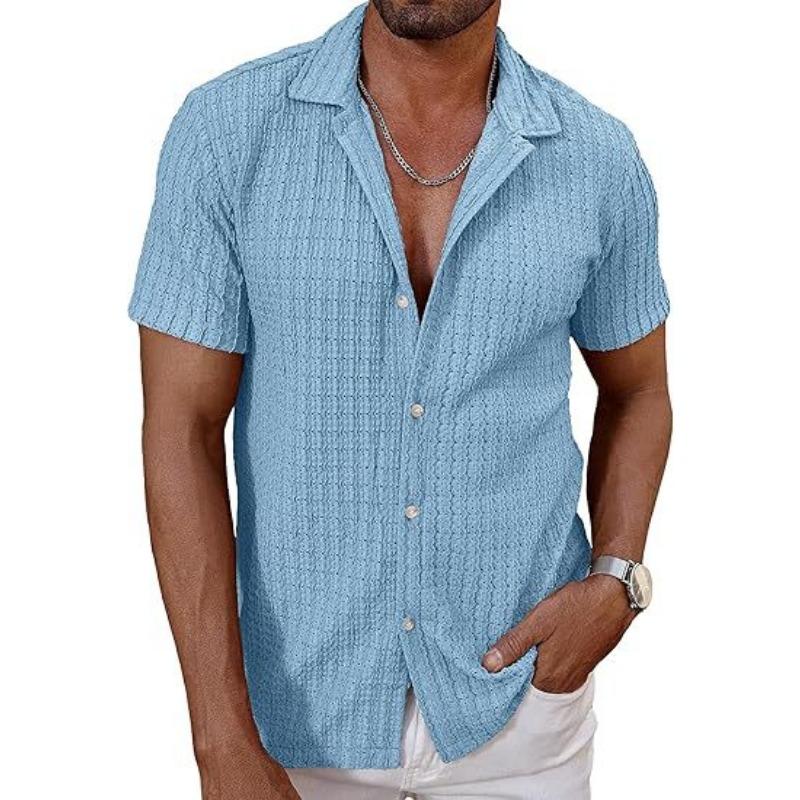 Mens Casual Textured Short Sleeve Cuban Collar Button Up Shirt