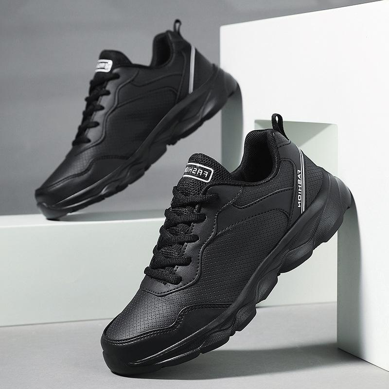 Black soft-soled sneakers spring and autumn leather waterproof, lightweight and non-slip shoes casual running travel shoes