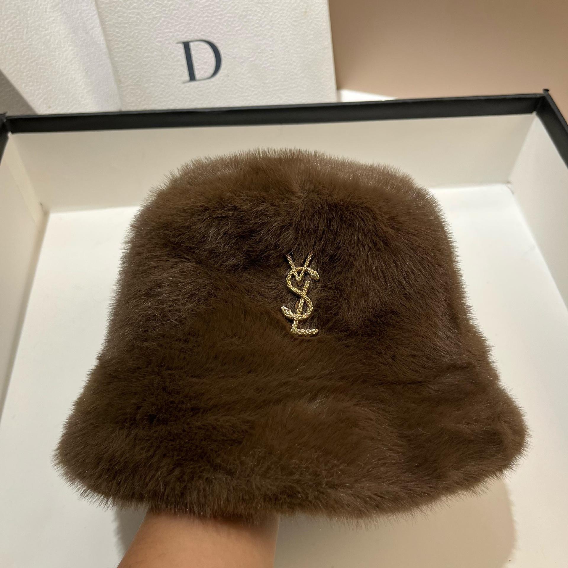 

Plush Hat Women S Winter Warmth Imitation Mink Fur Integrated A Version Bucket Hat Versatile Plain Face Cover Basin Hat L（58-60cm） темно-коричневого кольору