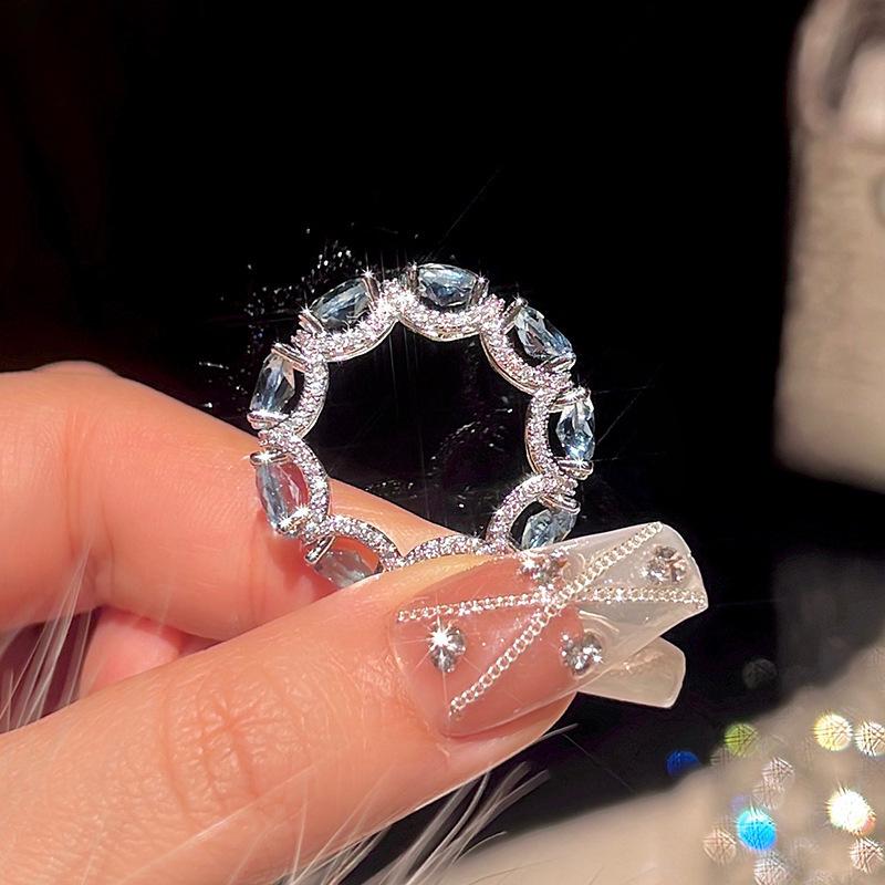 Luxury Shiny Blue Zircon Rings For Women Girls Exquisite Rhinestone Splicing Knot Knuckle Ring Bride Wedding Party Jewelry Gift