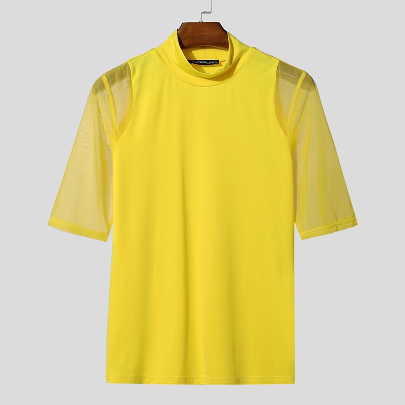 INCERUN Men's Sexy Short Sleeve Turtleneck Slim Fit See Through Mesh T-Shirt Muscle Tops Party Clubwear